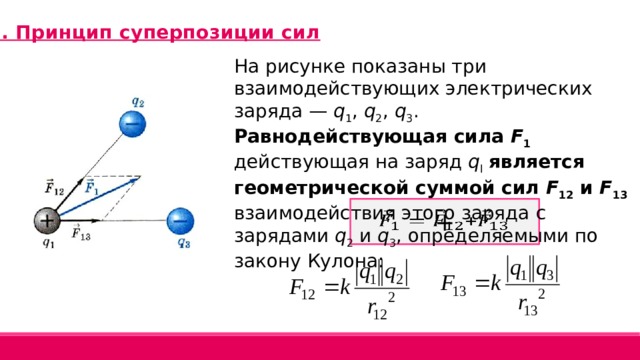 3. Принцип суперпозиции сил На рисунке показаны три взаимодействующих электрических заряда — q 1 , q 2 , q 3 . Равнодействующая сила F 1  действующая на заряд q l  является геометрической суммой сил F 12 и F 13  взаимодействия этого заряда с зарядами q 2 и q 3 , определяемыми по закону Кулона: +   