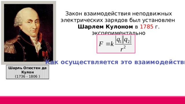 Закон взаимодействия неподвижных электрических зарядов был установлен Шарлем Кулоном в 1785 г. экспериментально Как осуществляется это взаимодействие? Шарль Огюстен де Кулон (1736 - 1806 ) 