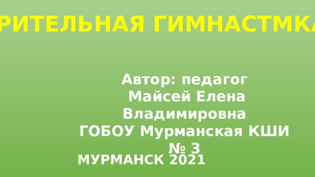ЗРИТЕЛЬНАЯ ГИМНАСТМКА Автор: педагог  Майсей Елена Владимировна ГОБОУ Мурманская КШИ № 3 МУРМАНСК 2021 