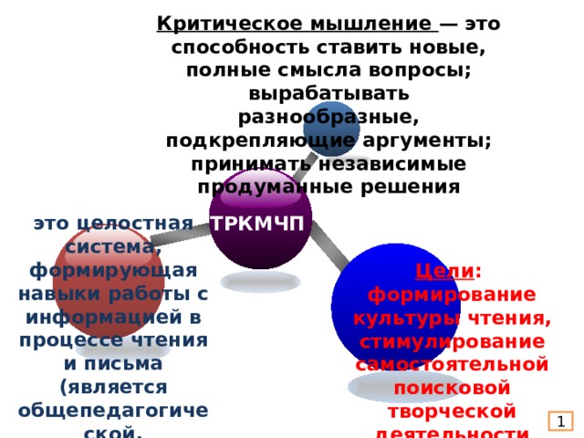 Критическое мышление — это способность ставить новые, полные смысла вопросы; вырабатывать разнообразные, подкрепляющие аргументы; принимать независимые продуманные решения это целостная система, формирующая навыки работы с информацией в процессе чтения и письма (является общепедагогической, надпредметной). ТРКМЧП Цели : формирование культуры чтения, стимулирование самостоятельной поисковой творческой деятельности 1 