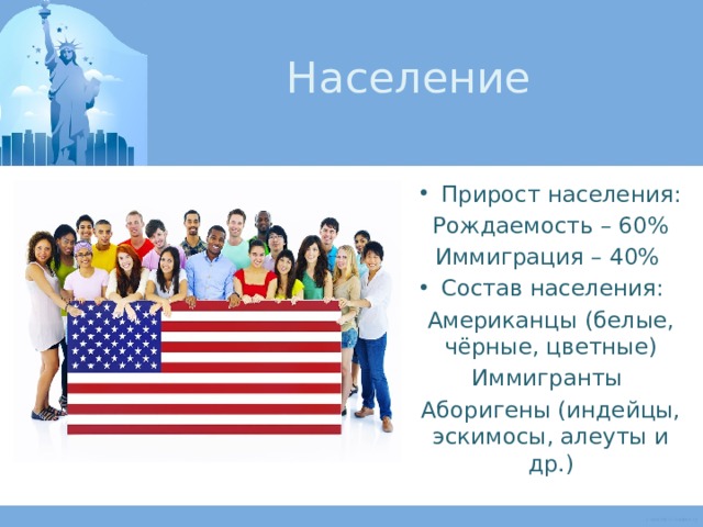 Население Прирост населения: Рождаемость – 60% Иммиграция – 40% Состав населения: Американцы (белые, чёрные, цветные) Иммигранты Аборигены (индейцы, эскимосы, алеуты и др.) 