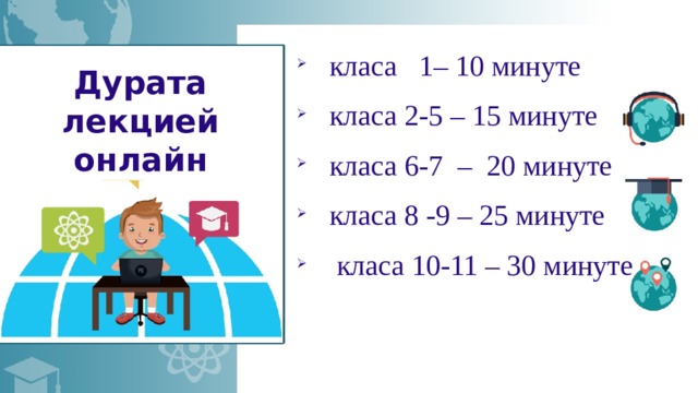 класа 1– 10 минуте класа 2-5 – 15 минуте класа 6-7 – 20 минуте класа 8 -9 – 25 минуте  класа 10-11 – 30 минуте Дурата лекцией онлайн 