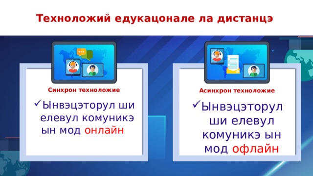 Техноложий едукацонале ла дистанцэ Синхрон техноложие Асинхрон техноложие Ынвэцэторул ши елевул комуникэ ын мод онлайн  Ынвэцэторул ши елевул комуникэ ын мод офлайн 