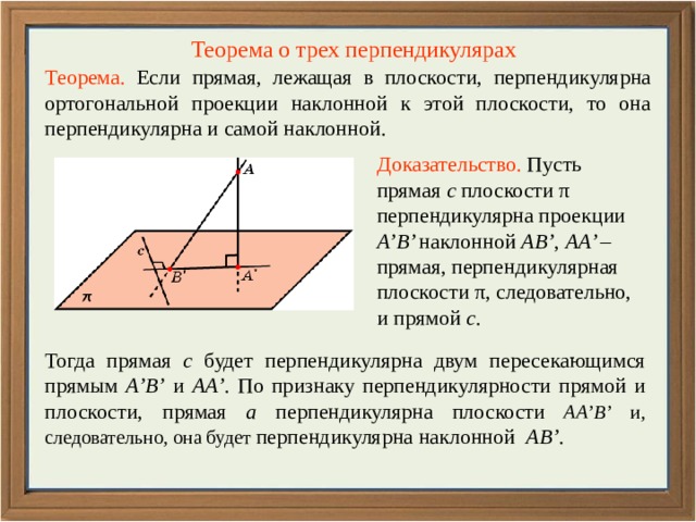 Теорема о трех перпендикулярах Теорема.  Если прямая, лежащая в плоскости, перпендикулярна ортогональной проекции наклонной к этой плоскости, то она перпендикулярна и самой наклонной. Доказательство. Пусть прямая c плоскости π перпендикулярна проекции A’B’ наклонной AB’ , AA’ – прямая, перпендикулярная плоскости π, следовательно, и прямой c . В режиме слайдов ответ появляется после кликанья мышкой. Тогда прямая c будет перпендикулярна двум пересекающимся прямым A’B’ и AA’ . По признаку перпендикулярности прямой и плоскости, прямая а перпендикулярна плоскости  АA’В’ и, следовательно, она будет перпендикулярна наклонной АВ’ .   