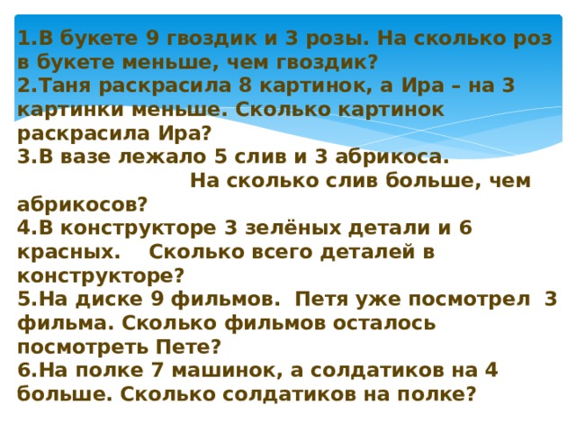 1.В букете 9 гвоздик и 3 розы. На сколько роз в букете меньше, чем гвоздик?  2.Таня раскрасила 8 картинок, а Ира – на 3 картинки меньше. Сколько картинок раскрасила Ира?  3.В вазе лежало 5 слив и 3 абрикоса. На сколько слив больше, чем абрикосов?  4.В конструкторе 3 зелёных детали и 6 красных. Сколько всего деталей в конструкторе?  5.На диске 9 фильмов. Петя уже посмотрел 3 фильма. Сколько фильмов осталось посмотреть Пете?  6.На полке 7 машинок, а солдатиков на 4 больше. Сколько солдатиков на полке?   