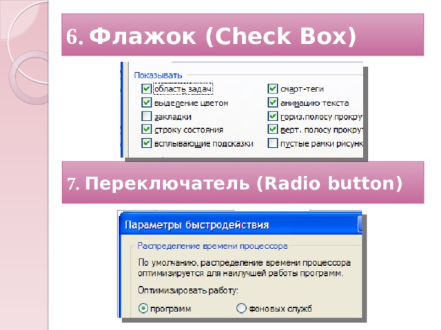 6. Флажок (Check Box) 7. Переключатель (Radio button) 12 