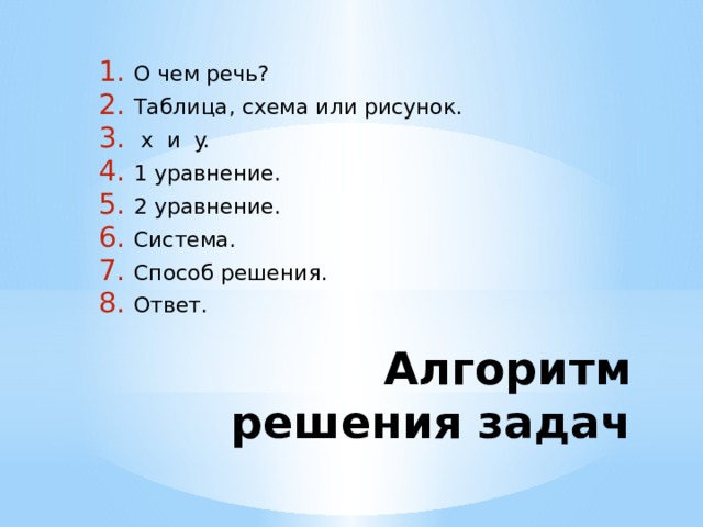 О чем речь? Таблица, схема или рисунок.  x и y. 1 уравнение. 2 уравнение. Система. Способ решения. Ответ.