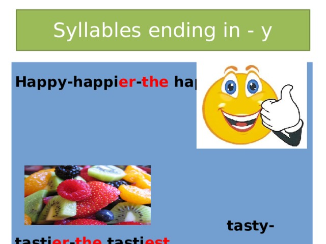 Syllables ending in - y Happy-happi er - the happi est   tasty-tasti er - the tasti est 