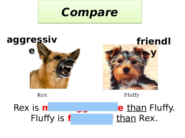 Compare  aggressive  friendly Rex is more aggressive than Fluffy. Fluffy is friendlier than Rex. 