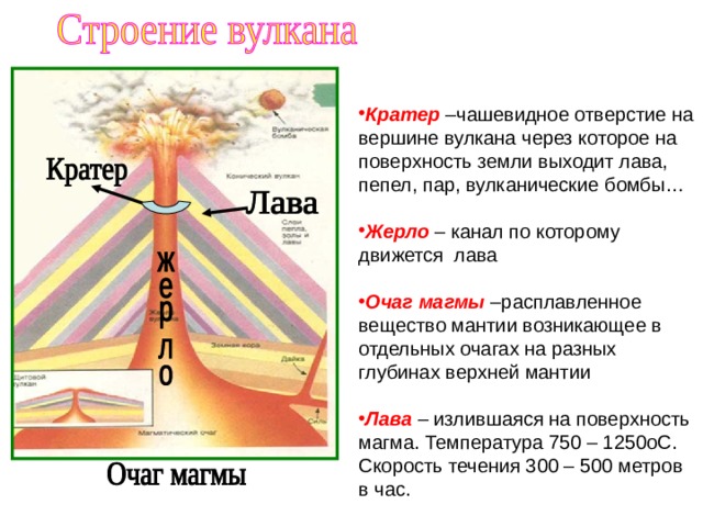 Кратер  –чашевидное отверстие на вершине вулкана через которое на поверхность земли выходит лава, пепел, пар, вулканические бомбы…  Жерло – канал по которому движется лава  Очаг магмы –расплавленное вещество мантии возникающее в отдельных очагах на разных глубинах верхней мантии  Лава  – излившаяся на поверхность магма. Температура 750 – 1250оС. Скорость течения 300 – 500 метров в час.