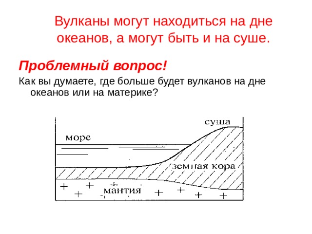 Вулканы могут находиться на дне океанов, а могут быть и на суше. Проблемный вопрос! Как вы думаете, где больше будет вулканов на дне океанов или на материке?