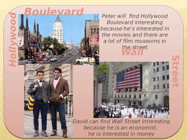 Boulevard  Peter will find Hollywood Boulevard interesting because he’s interested in the movies and there are a lot of film museums in the street Hollywood Wall Street David can find Wall Street interesting because he is an economist, he is interested in money 