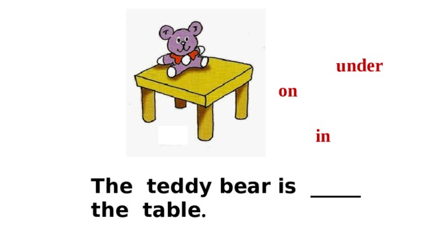 under on in The teddy bear is _____ the table . 