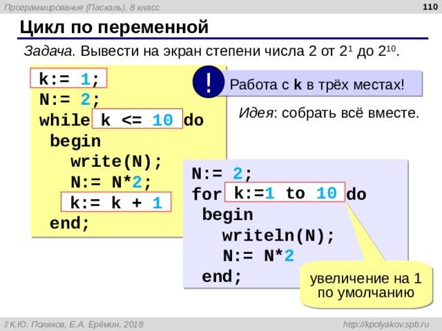  Цикл по переменной Задача . Вывести на экран степени числа 2 от 2 1 до 2 10 . k:=  1 ; N:=  2 ; while k    10 do  begin    write(N);    N:=  N* 2 ;    k:=  k  +  1  end; ! k:=  1 ;  Работа с k  в трёх местах! Идея : собрать всё вместе. k    10 N:=  2 ; for k:= 1  to  10 do  begin   writeln(N);    N:=  N* 2  end; k:= 1  to  10 k:=  k  +  1 увеличение на 1 по умолчанию 