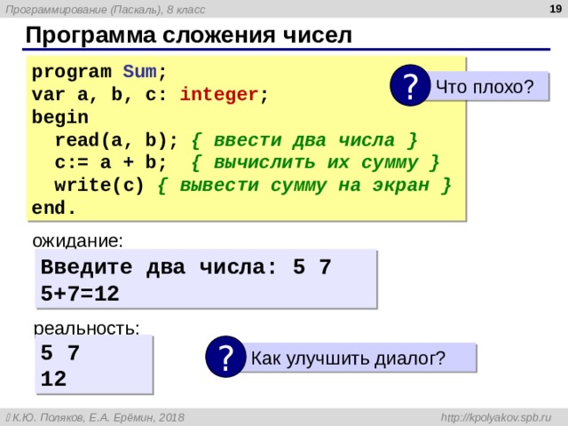  Программа сложения чисел program Sum ; var a, b, c: integer ; begin  read(a, b); { ввести два числа }  c:= a + b; { вычислить их сумму }   write(c) { вывести сумму на экран } end. ?  Что плохо? ожидание: Введите два числа: 5 7 5+7=12 реальность: 5 7 12 ?  Как улучшить диалог? 