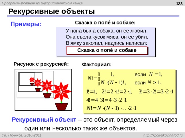  Рекурсивные объекты Сказка о поп é и собаке: Примеры: У попа была собака, он ее любил. Она съела кусок мяса, он ее убил. В ямку закопал, надпись написал: У попа была собака, он ее любил. Она съела кусок мяса, он ее убил. В ямку закопал, надпись написал: Сказка о поп é и собаке Сказка о поп é и собаке Рисунок с рекурсией: Факториал: если если Рекурсивный объект – это объект, определяемый через один или несколько таких же объектов. 123 