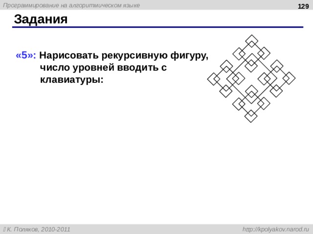  Задания «5» : Нарисовать рекурсивную фигуру, число уровней вводить с клавиатуры: 129 