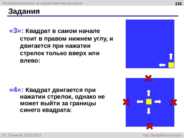  Задания « 3 »: Квадрат в самом начале стоит в правом нижнем углу, и двигается при нажатии стрелок только вверх или влево: «4»: Квадрат двигается при нажатии стрелок, однако не может выйти за границы синего квадрата: 138 