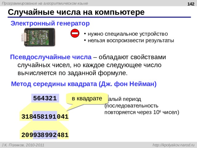 142 Случайные числа на компьютере Электронный генератор нужно специальное устройство нельзя воспроизвести результаты Псевдослучайные числа – обладают свойствами случайных чисел, но каждое следующее число вычисляется по заданной формуле. Метод середины квадрата (Дж. фон Нейман) в квадрате 564321 малый период (последовательность повторяется через 10 6 чисел) 458191 318458191041 209938992481 938992 142 