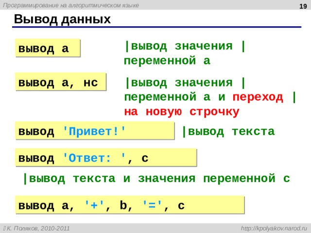  Вывод данных | вывод значения | переменной a вывод a | вывод значения | переменной a и переход | на новую строчку вывод a , нс | вывод текста вывод ' Привет! ' вывод ' Ответ: ' , c | вывод текста и значения переменной c вывод a, '+' , b, '=' , c 