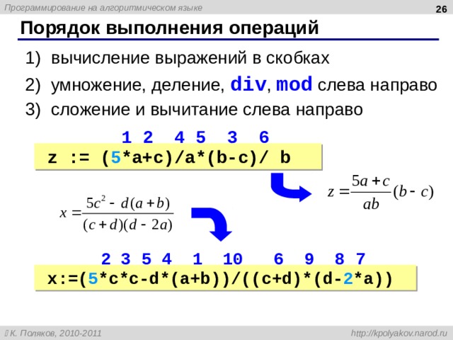  Порядок выполнения операций вычисление выражений в скобках умножение, деление, div , mod слева направо сложение и вычитание слева направо вычисление выражений в скобках умножение, деление, div , mod слева направо сложение и вычитание слева направо  1 2 4 5 3 6  1 2 4 5 3 6 z := ( 5 *a+c)/a*(b-c)/ b z := ( 5 *a+c)/a*(b-c)/ b  2 3 5 4 1 10 6 9 8 7  2 3 5 4 1 10 6 9 8 7 x:= ( 5 *c*c-d*(a+b))/((c+d)*(d- 2 *a)) x:= ( 5 *c*c-d*(a+b))/((c+d)*(d- 2 *a))  