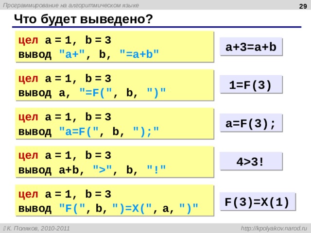  Что будет выведено? цел a = 1, b = 3 вывод 