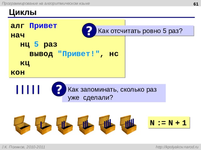  Циклы алг Привет нач  нц 5 раз  вывод 