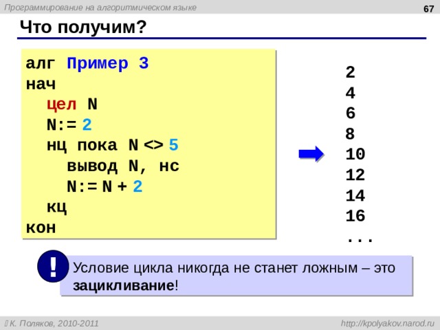  Что получим? алг Пример 3 нач  цел  N  N:=  2  нц пока N    5  вывод N , нс  N:=  N  +  2  кц кон 2 4 6 8 10 12 14 16 ... !  Условие цикла никогда не станет ложным – это   зацикливание ! 67 