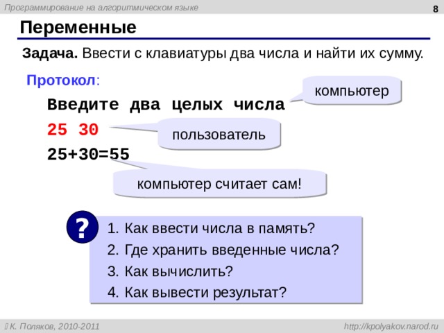  Переменные Задача. Ввести с клавиатуры два числа и найти их сумму. Протокол : Введите два целых числа 25 30 25+30=55 компьютер пользователь компьютер считает сам! ? Как ввести числа в память? Где хранить введенные числа ? Как вычислить? Как вывести результат? 8 