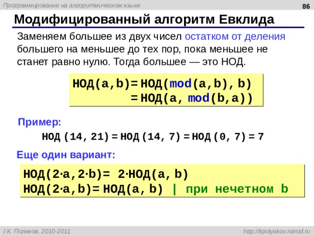  Модифицированный алгоритм Евклида Заменяем большее из двух чисел остатком от деления большего на меньшее до тех пор, пока меньшее не станет равно нулю. Тогда большее — это НОД.  НОД( a,b)=  НОД( mod (a,b),  b)   =  НОД( a,  mod (b,a)) Пример: НОД  (14 ,  21 )  =  НОД  (14 ,  7 )  =  НОД  (0 ,  7 )  =  7 Еще один вариант: НОД( 2 · a,2 · b)= 2 · НОД( a,  b)  НОД( 2 · a,b)=  НОД( a,  b)  | при нечетном b  