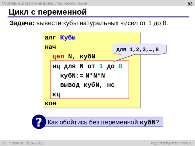  Цикл с переменной Задача: вывести кубы натуральных чисел от 1 до 8.  алг Кубы нач  цел  N, куб N кон для 1,2,3,…,8 нц для N от 1 до 8  куб N:=  N*N*N  вывод куб N, нс кц ?  Как обойтись без переменной куб N ? 93 