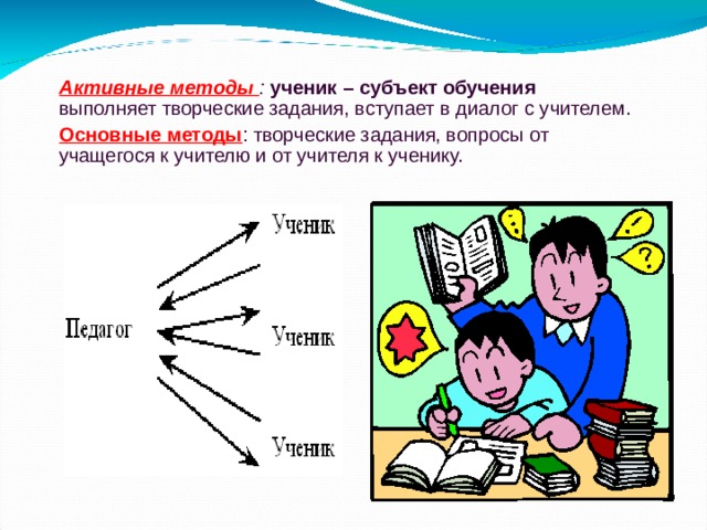  Активные методы : ученик – субъект обучения выполняет творческие задания, вступает в диалог с учителем.  Основные методы : творческие задания, вопросы от учащегося к учителю и от учителя к ученику.    