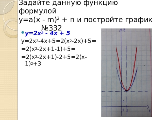 Задайте данную функцию формулой  у=а (х - m) 2  + n и постройте график №332 у=2х 2  - 4х + 5 у=2х 2 -4х+5=2(х 2 -2х)+5= =2(х 2 -2х+1-1)+5= =2(х 2 -2х+1)-2+5=2(х-1) 2 +3 