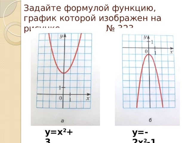 Задайте формулой функцию, график которой изображен на рисунке № 323 у=х 2 +3 у=-2х 2 -1 