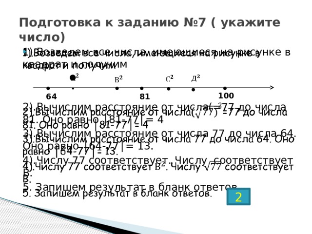 Подготовка к заданию №7 ( укажите число) 1).Возведем все числа, имеющиеся на рисунке в квадрат и получим   2).Вычислим расстояние от числа(=77 до числа 81. Оно равно │81-77│= 4 3).Вычислим расстояние от числа 77 до числа 64. Оно равно │64-77│= 13. 4).Числу 77 соответствует. Числу соответствует В. 5. Запишем результат в бланк ответов. ●          ● ● ● ● ● ● 100 64 81 2 