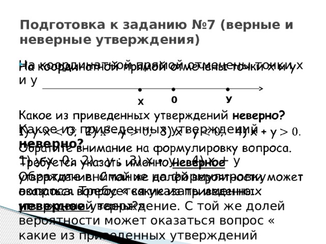 Подготовка к заданию №7 (верные и неверные утверждения)   На координатной прямой отмечены точки х и у Какое из приведенных утверждений неверно? 1) у-х 0; 2) - у ; 3) х ∙ у; 4) х + у Обратите внимание на формулировку вопроса. Требуется указать именно неверное утверждение. С той же долей вероятности может оказаться вопрос « какие из приведенных утверждений верны?» ● ● ● 0 У Х 