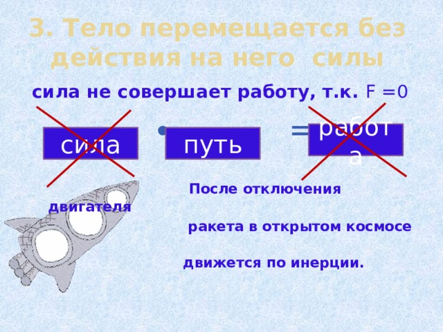 3. Тело перемещается без действия на него силы сила не совершает работу, т.к. F =0  ∙ =  После отключения двигателя  ракета в открытом космосе  движется по инерции.   работа сила путь 