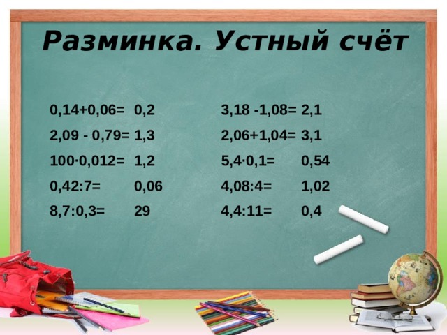 Разминка. Устный счёт 0,14+0,06= 2,09 - 0,79= 100·0,012= 0,42:7= 8,7:0,3= 0,2 1,3 1,2 0,06 29  2,1 3,1 0,54 1,02 0,4 3,18 -1,08= 2,06+1,04= 5,4·0,1= 4,08:4= 4,4:11=    