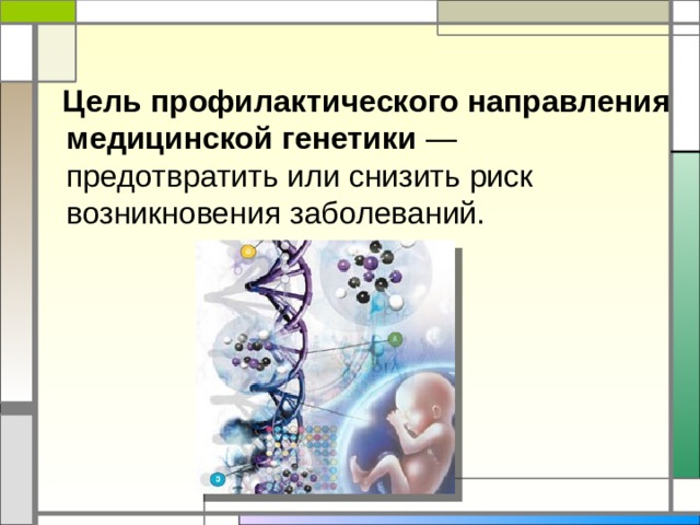  Цель профилактического направления медицинской генетики — предотвратить или снизить риск возникновения заболеваний. 