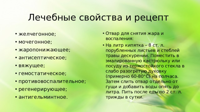 Лечебные свойства и рецепт желчегонное; мочегонное; жаропонижающее; антисептическое; вяжущее; гемостатическое; противовоспалительное; регенерирующее; антигельминтное. Отвар для снятия жара и воспаления: На литр кипятка – 8 ст. л. порубленных листьев и стеблей травы дескурении. Поместить в эмалированную кастрюльку или посуду из термостойкого стекла в слабо разогретую духовку (примерно 60-80°С) на полчаса. Затем слить отвар отдельно от гущи и добавить воды опять до литра. Пить после еды по 2 ст. л. трижды в сутки.