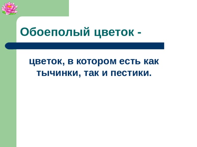 Обоеполый цветок - цветок, в котором есть как тычинки, так и пестики.