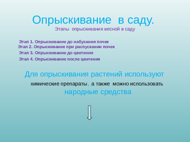 Опрыскивание в саду. Этапы опрыскивания весной в саду Этап 1. Опрыскивание до набухания почек Этап 2. Опрыскивание при распускании почек Этап 3. Опрыскивание до цветения Этап 4. Опрыскивание после цветения Для опрыскивания растений используют химические препараты , а также можно использовать народные средства