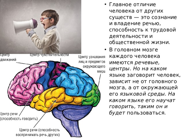 Главное отличие человека от других существ — это сознание и владение речью, способность к трудовой деятельности и общественной жизни. В головном мозге каждого человека имеются речевые, центры. Но на каком языке заговорит человек, зависит не от головного мозга, а от окружающей его языковой среды. На каком языке его научат говорить, таким он и будет пользоваться. 