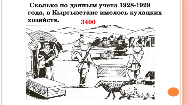  Сколько по данным учета 1928-1929 года, в Кыргызстане имелось кулацких хозяйств. 3400 