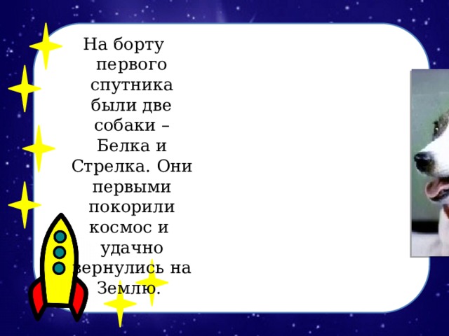 На борту первого спутника были две собаки – Белка и Стрелка. Они первыми покорили космос и удачно вернулись на Землю. 