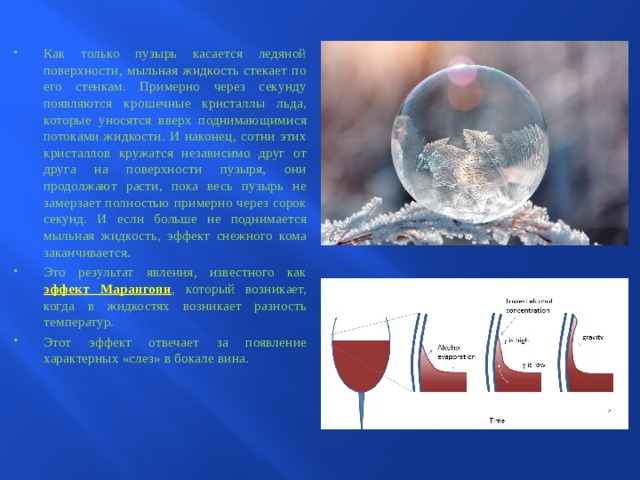 Как только пузырь касается ледяной поверхности, мыльная жидкость стекает по его стенкам. Примерно через секунду появляются крошечные кристаллы льда, которые уносятся вверх поднимающимися потоками жидкости. И наконец, сотни этих кристаллов кружатся независимо друг от друга на поверхности пузыря, они продолжают расти, пока весь пузырь не замерзает полностью примерно через сорок секунд. И если больше не поднимается мыльная жидкость, эффект снежного кома заканчивается. Это результат явления, известного как эффект Марангони , который возникает, когда в жидкостях возникает разность температур. Этот эффект отвечает за появление характерных «слез» в бокале вина.  