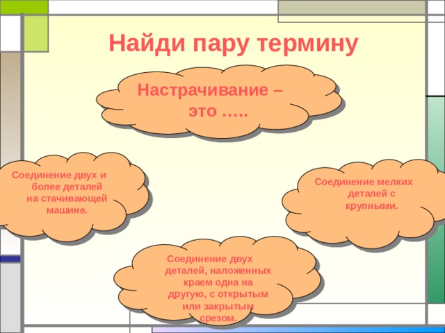 Найди пару термину Настрачивание – это ….. Соединение двух и более деталей на стачивающей машине. Соединение мелких деталей с крупными. Соединение двух деталей, наложенных краем одна на другую, с открытым или закрытым срезом. 