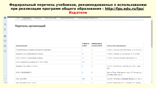 Федеральный перечень учебников, рекомендованных к использованию при реализации программ общего образования : http://fpu.edu.ru/fpu/   Издатели      