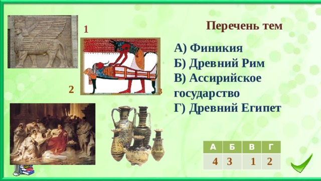  Перечень тем 1 А) Финикия Б) Древний Рим В) Ассирийское государство Г) Древний Египет 2 2 3 А Б  4 В 3 Г  1 2 