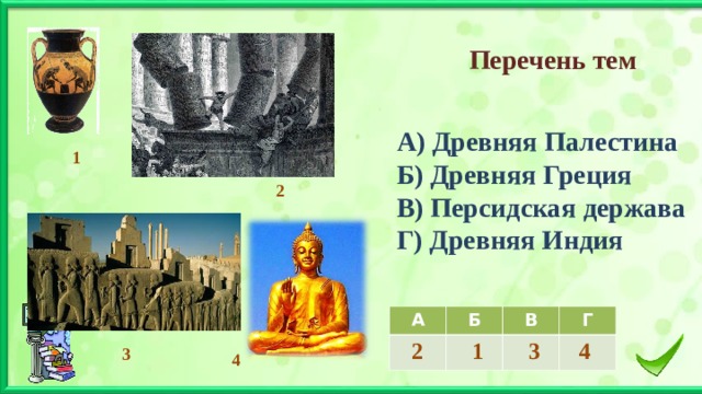 Перечень тем А) Древняя Палестина Б) Древняя Греция В) Персидская держава Г) Древняя Индия  1 2 А Б  2 В  1 Г  3 4 3 4 